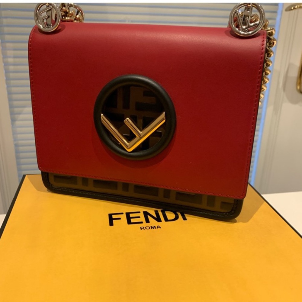 FENDI red with print gold chain bag!100% authentic
